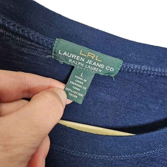 Lauren Jeans Co. Ralph Lauren Navy‎ Pink Striped Button Shoulder Sweater Top L - Picture 3 of 8